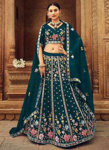 Attractive Teal Green Embroidery Work Georgette Lehenga